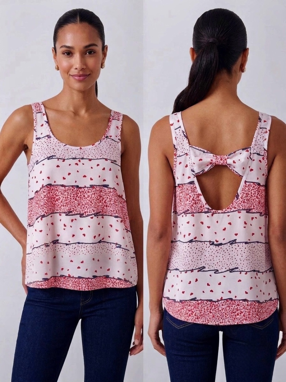 Misope Red Heart Print Bow Back Tank Top Small Made in USA High Low